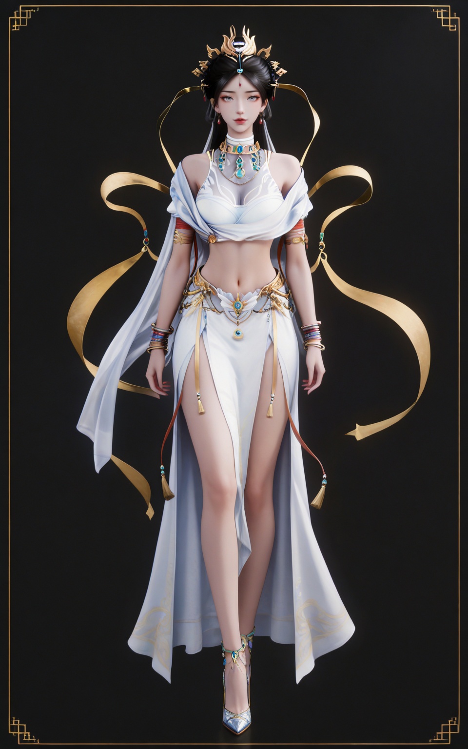 masterpiece,high quality,tall,game cg,highres,(white_skin:0.6),(shiny_skin:0.6),(realistic:1.1),looking_at_viewer,lvjing,black_background,simple background,<lora:瑶池圣女ILL:0.8>,black hair,long hair,grey eyes,hair_bun,hair_ornament,earrings,necklace,sash,forehead_jewel,crop_top,midriff,navel,see-through cleavage,1girl,solo,bracelet,white skirt,high_heels,full body,