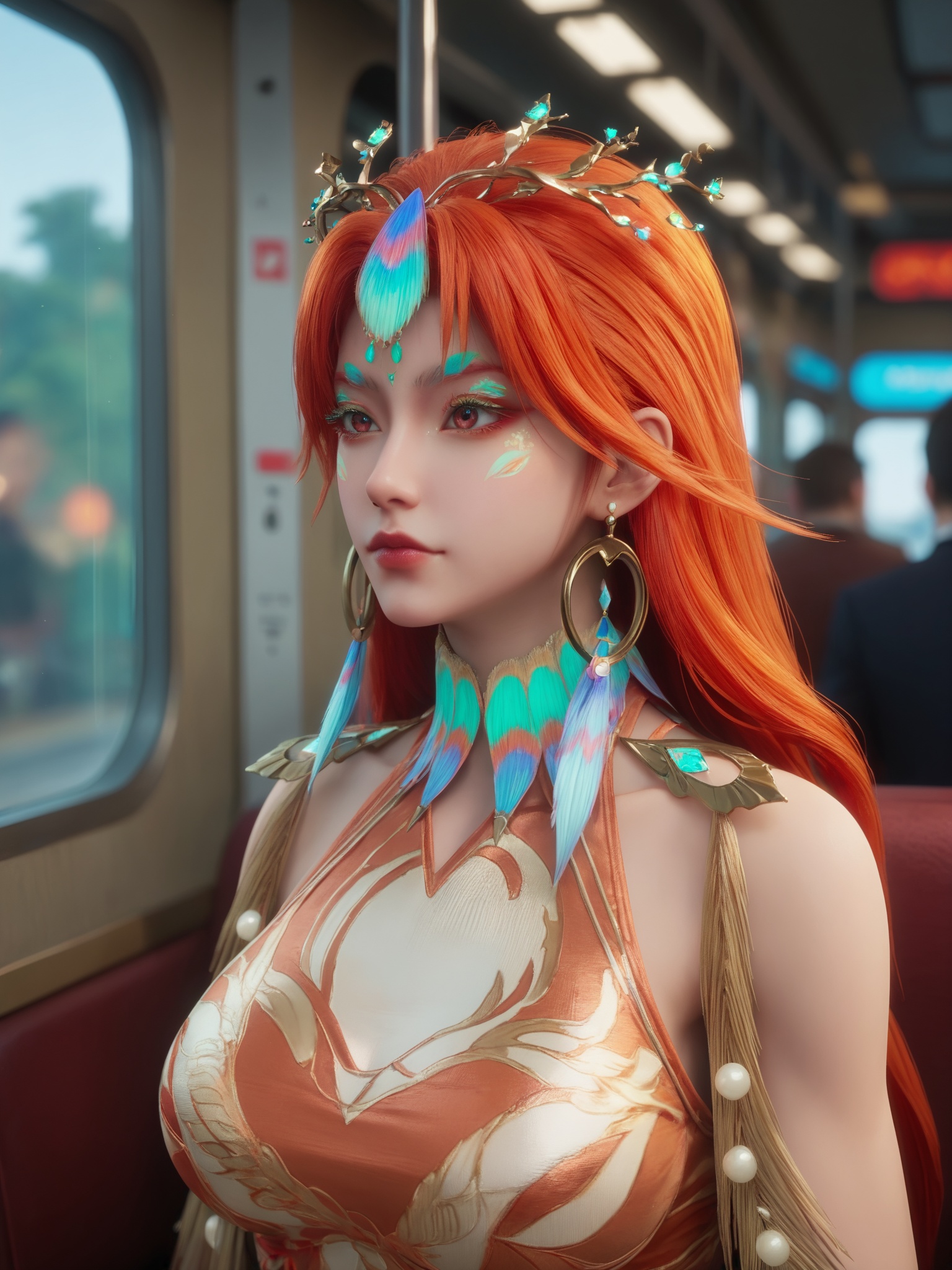solo,1girl,fair_skin,white_skin,shiny_skin,Ivory_skin,solo focus,(perfect_face:1.2),(perfect_anatomy:1.1),(upper_body:1.2),(portrait:1.1),large breasts,sitting,(train_interior:1.1),(blurry_background:1.2),score_9, <lora:沧元图-柳七月-凤凰Pony:0.65>,long,flowing red hair,a vibrant,flowing skirt adorned with large,colorful,peacock-like feathers in shades of green,blue,and gold,cascading down her right side.,