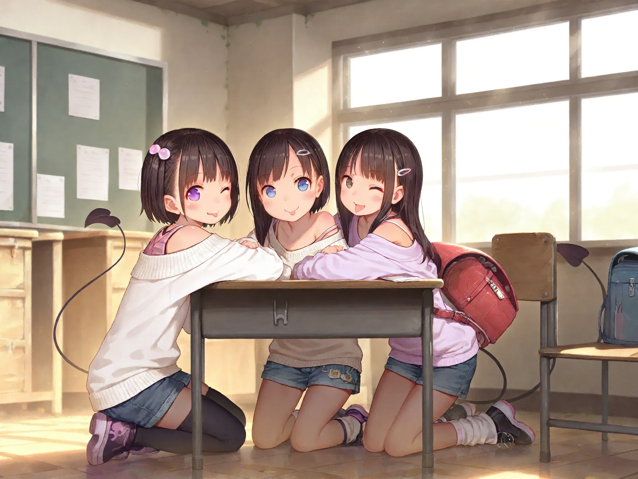 multiple girls,demon tail,sitting,long hair,indoors,thighhighs,open mouth,tail,3girls,short hair,one eye closed,backpack,brown hair,skirt,bag,smile,hair ornament,brown eyes,demon girl,long sleeves,shirt,off shoulder,window,shorts,shoes,randoseru,desk,socks,black hair,sweater,day,closed mouth,kneeling,hairclip,tongue out,sunlight,classroom,tongue,;d,black footwear,looking at viewer,purple eyes,blue eyes,chair,backpack removed,<lora:MUK_style_v1:0.7>,