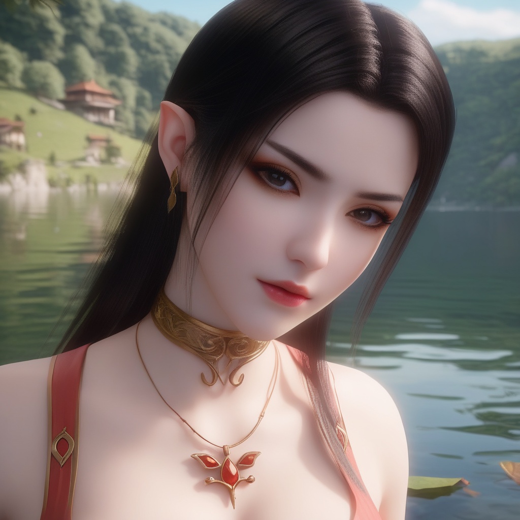 <lora:850-DA-XL-斗破苍穹-美杜莎-红色睡衣:0.8>, (,1girl, ,best quality, ),,  ,ultra detailed 8k cg,   ,masterpiece, (( , )) , lake,upper body,   (cleavage),,  (),