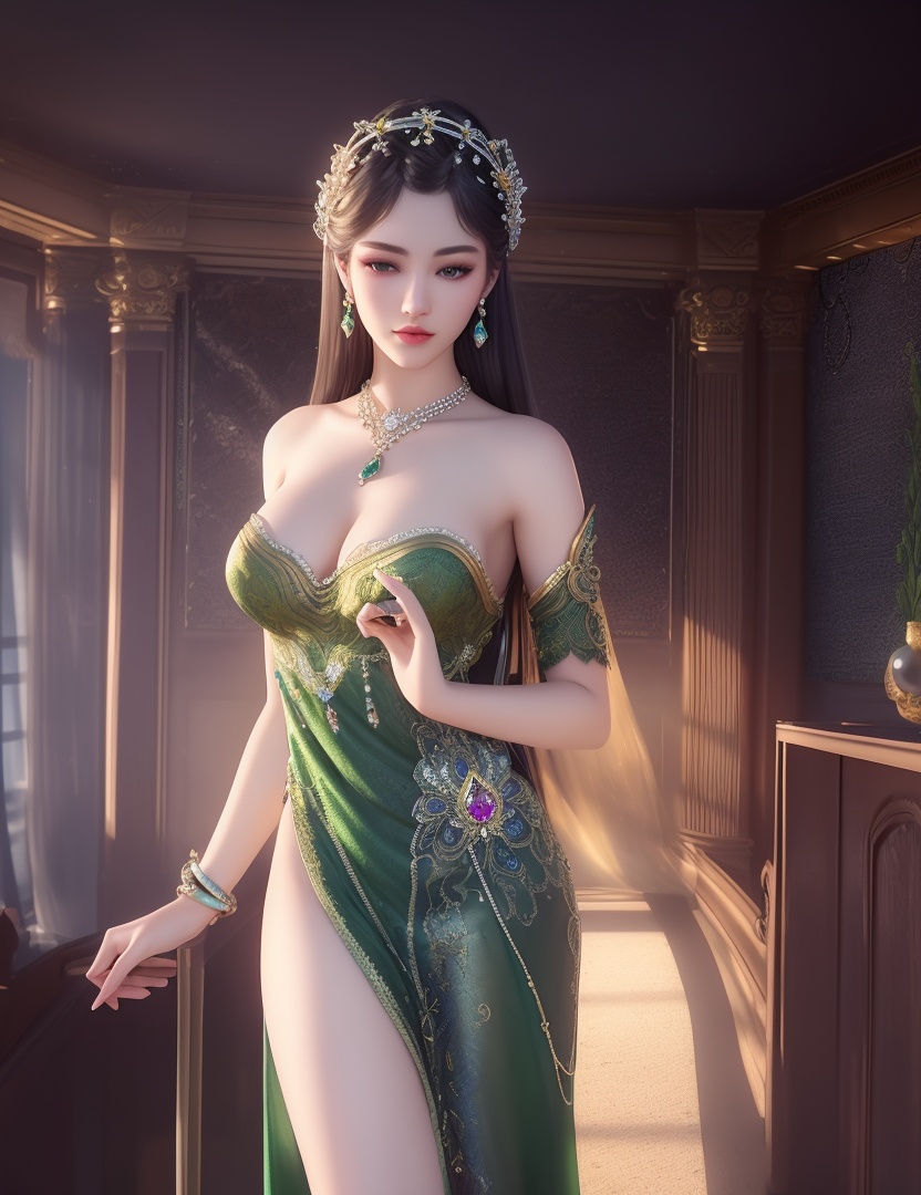 ultra realistic 8k cg, picture-perfect face, flawless, clean, masterpiece, professional artwork, famous artwork, cinematic lighting, cinematic bloom, perfect face, beautiful face, fantasy, dreamlike, unreal, science fiction,  beautiful clothes, lace, lace trim, lace-trimmed legwear,  (rich:1.4), prestige, luxury, jewelry, diamond, gold, pearl, gem, sapphire, ruby, emerald, intricate detail, delicate pattern, charming, alluring, seductive, erotic, enchanting, hair ornament, necklace, earrings, bracelet, armlet,halo((,1girl, pov,))(((,  1girl,  solo,looking at viewer, ))),(((1girl, solo, dress, jewelry,large breasts, )))<lora:DA_WhiteSnakeGreenSnake:0.7>