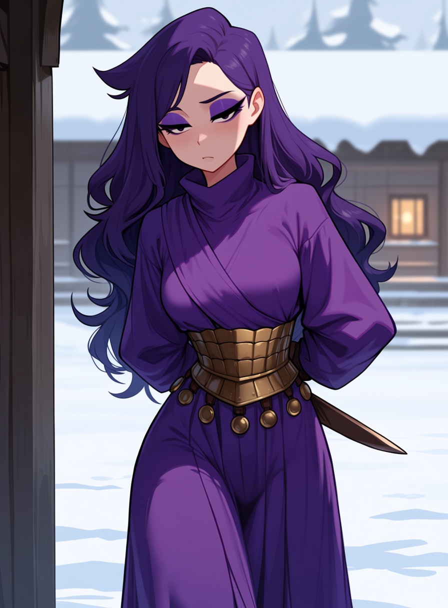 Centurii_Style,  detailed background of a snowy facility. a girl with long flowing purple hair dressed in a purple robe th...