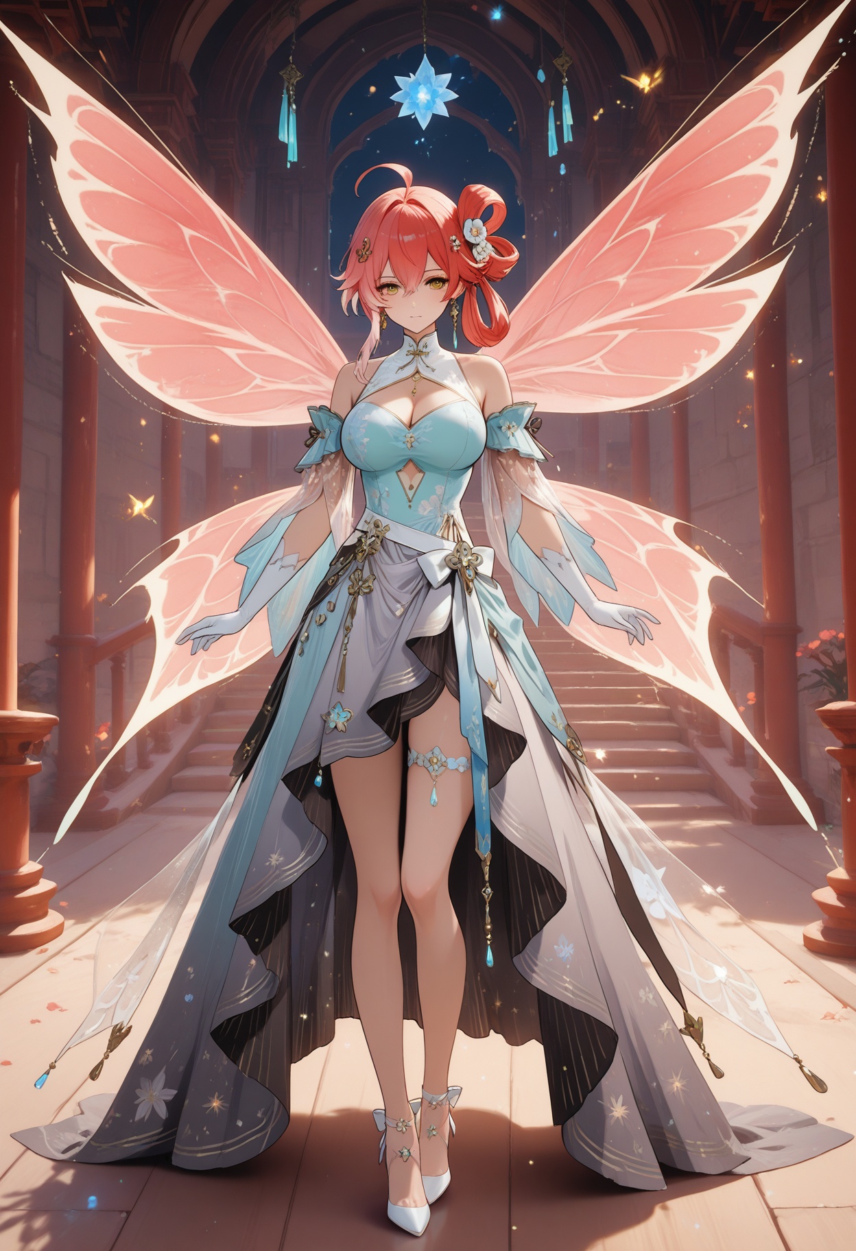 <lora:长离师尊:1>,changli,1girl,long hair,bangs,hair ornament,ribbon,hair between eyes,bare shoulders,yellow eyes,ahoge,red hair,short hair,multicolored hair,highlighted hair,pink hair,flower,hair flower,sexy,<lora:陷落绮梦:1>,xqym,hair ornament,gloves,dress,bare shoulders,jewelry,wings,high heels,white gloves,white footwear,skirt,elbow gloves,long skirt,flower,hair flower,hair rings,bow,white bow,crystal,earrings,clothing cutout,cleavage cutout,fairy wings,
