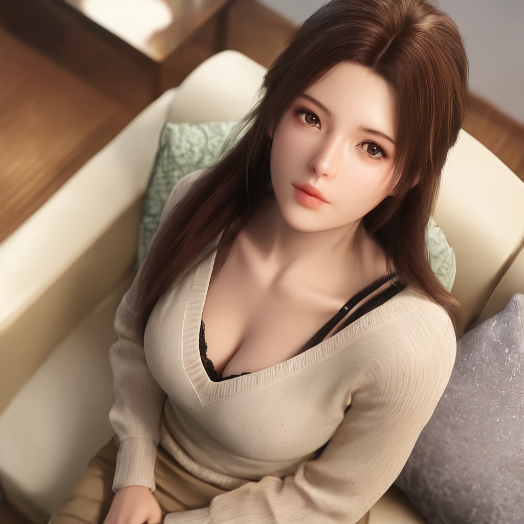 masterpiece,best quality,realistic,cinematic,detail eyes,(ultra-detailed),perfect composition,intricate details,absurdres,detailed face,high quality,high res,8K,(realistic:2),latest,absurd,photo,cosplay_photo,photo \(medium \),real_life,real life insert,real world location,photorealistic,skin texture,<lora:noo稳定剂bai_vp10_stabilizer_v0.280a_fp16:0.5>,<lora:Hyperrealistic_illustrious:0.3>,<lora:ill细节滑块>,1girl,breasts,solo,cleavage,brown hair,looking at viewer,sitting,long hair,parted lips,lips,realistic,brown eyes,couch,scoop neck,sweater,long sleeves,indoors,pillow,collarbone,from above,underwear,blurry,large breasts,medium breasts,bra strap,bra,pink lips,skirt,black bra,looking up,