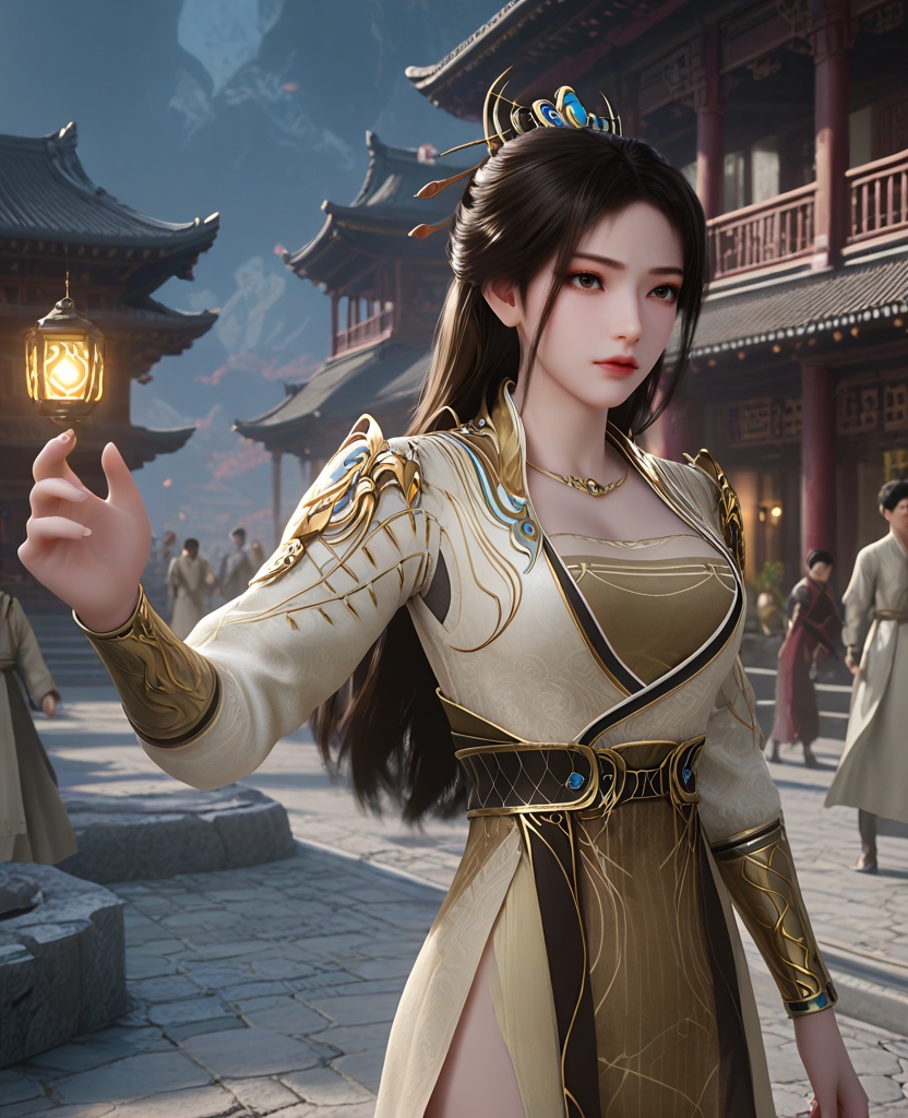 (oriental architecture, elegant decor, sophisticated style:1.1),(Walking with a confident stride, looking determined,:1.1),(breasts:1.2),<lora:XL16遮天姚曦:0.95>,miss yaoxi,solo,yellow high slit dress,brown eyes,eyeshadow,black hair,hair ornament,long hair,hair bun,brown bra,necklace,jewelry,belt,thigh,brown pelvic curtain,vambraces,pauldrons,, score_9,score_8_up,score_7_up,score_6_up,score_5_up,score_4_up,3d rendering,tag1,tag2, Cinematic Lighting,backlighting,