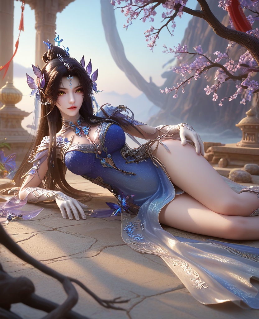 (oriental architecture, elegant decor, sophisticated style:1.1),(Side-lying with hair splayed,:1.1),Wide shot, capturing the subject and their full surroundings,(large breasts:1.2),shoes,<lora:XL16云深不知梦羲和四象归一:0.95>,miss xihe,blue-violet to white ombre gown,yellow eyes,forehead pendan,black hair,traditional chinese updo with long front strands,absurdly long hair,hair ornament,jewelry,elbow gloves,butterfly embellishments,solo,, score_9,score_8_up,score_7_up,score_6_up,score_5_up,score_4_up,3d rendering,tag1,tag2, Cinematic Lighting,backlighting,