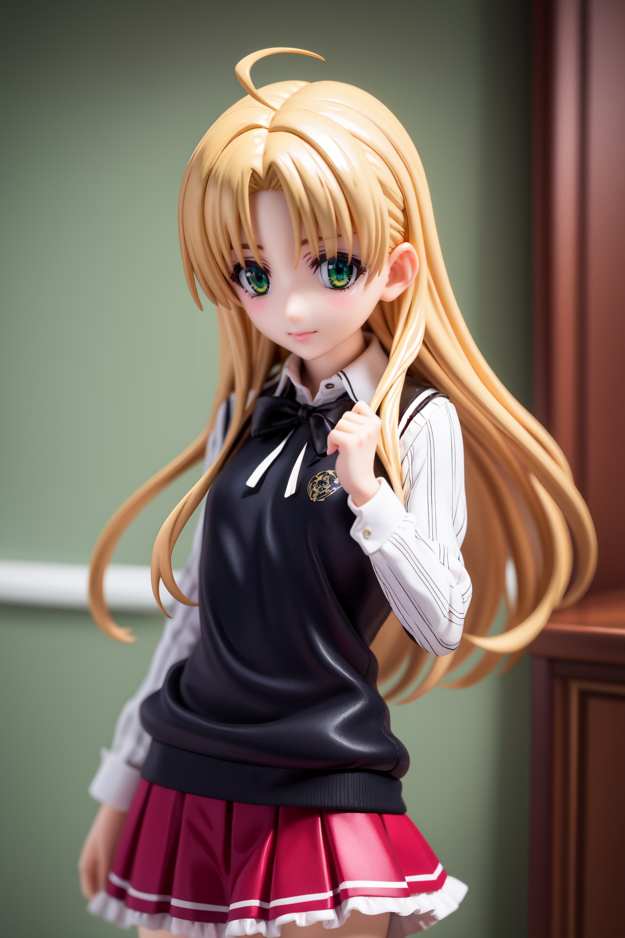 pvc style,asiaargento, <lora:asia argento anime s1-lora-nochekaiser:1>,asia argento, long hair, blonde hair, (green eyes:1.3), (parted bangs:1.5), ahoge, smile, (small breasts:1.2),BREAK skirt, shirt, long sleeves, ribbon, school uniform, pleated skirt, vest, red skirt, sweater vest,BREAK indoors, classroom,BREAK looking at viewer, (cowboy shot:1.5),BREAK (masterpiece:1.2), best quality, high resolution, unity 8k wallpaper, (illustration:0.8), (beautiful detailed eyes:1.6), extremely detailed face, perfect lighting, extremely detailed CG, (perfect hands, perfect anatomy),figma,full body, 