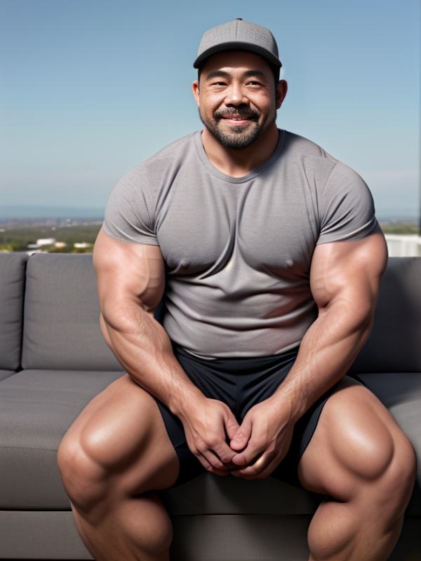 <lora:SD1.5_Dadbear.1.0:0.7>,dadbear,1boy,bara,black pants,couch,facial hair,grey background,hat,looking at viewer,outdoors,realistic,t-shirt,solo,teeth,thighs,upper body,thick thighs,thighs,
