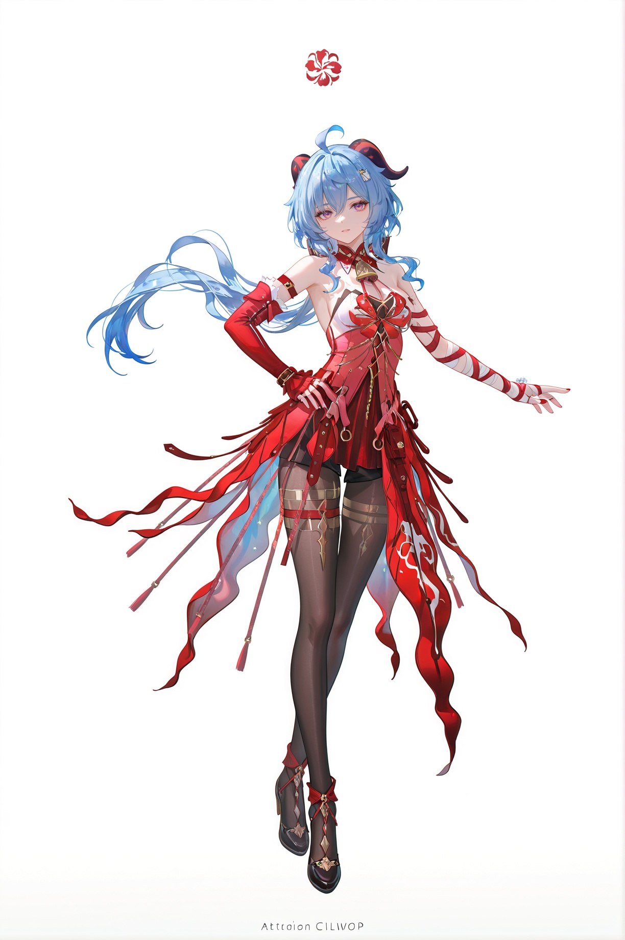 8k,best quality,masterpiece,(ultra-detailed),(high detailed skin),((artist:reoen),(artist:fuzichoco),(artist:atdan),(artist:torino_aqua),year 2024:0.8)1girl,[artist:wlop],[artist:ningen_mame],artist:ciloranko,[[artist:rhasta]],artist:tidsean,colorful,jijia,2d,ambient light,full body,full shot,standing,looking at viewer,(solo:1.2),simple background,(white background:1.2),hand on own hip,(white background:1.1),ganyu \(genshin impact\), <lora:Phrolova-ill-Tanger-000014:0.9>,clothes: Phrolovadef red dress, black pantyhose, hair,bandages,asymmetrical detached sleeves