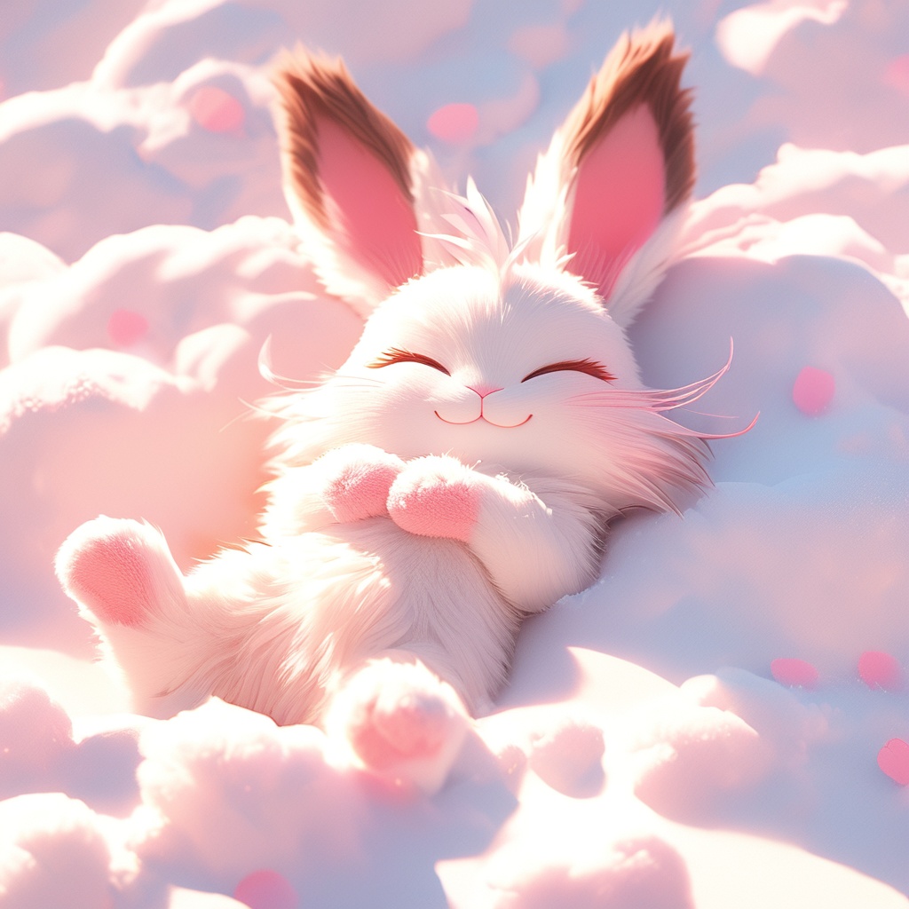 maotu, rabbit, rabbit focus, soft lighting, white fur, whimsy and dramatic lighting, warm colors, mf-movie-filter, cc-color-correction, cute, whiskers, :3, ^ ^, light particles, sunlight, no humans, closed eyes, lying, solo, fluffy, on back, closed mouth, simple background, facing viewer, sky, cloud, smile, outdoors, cat, white background, snow, full body<lora:maotu_xl_v1:0.8>,