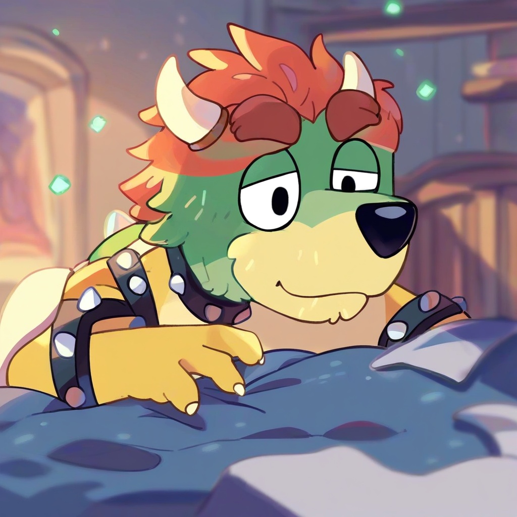 safe_pos, score_9, score_8_up, score_7_up, score_6_up, score_5_up, score_4_up, source_furry, hi res, bedroom, blurred background, particles, solo, Bowser, looking at viewer, closed mouth, male, muscular, Bluey style