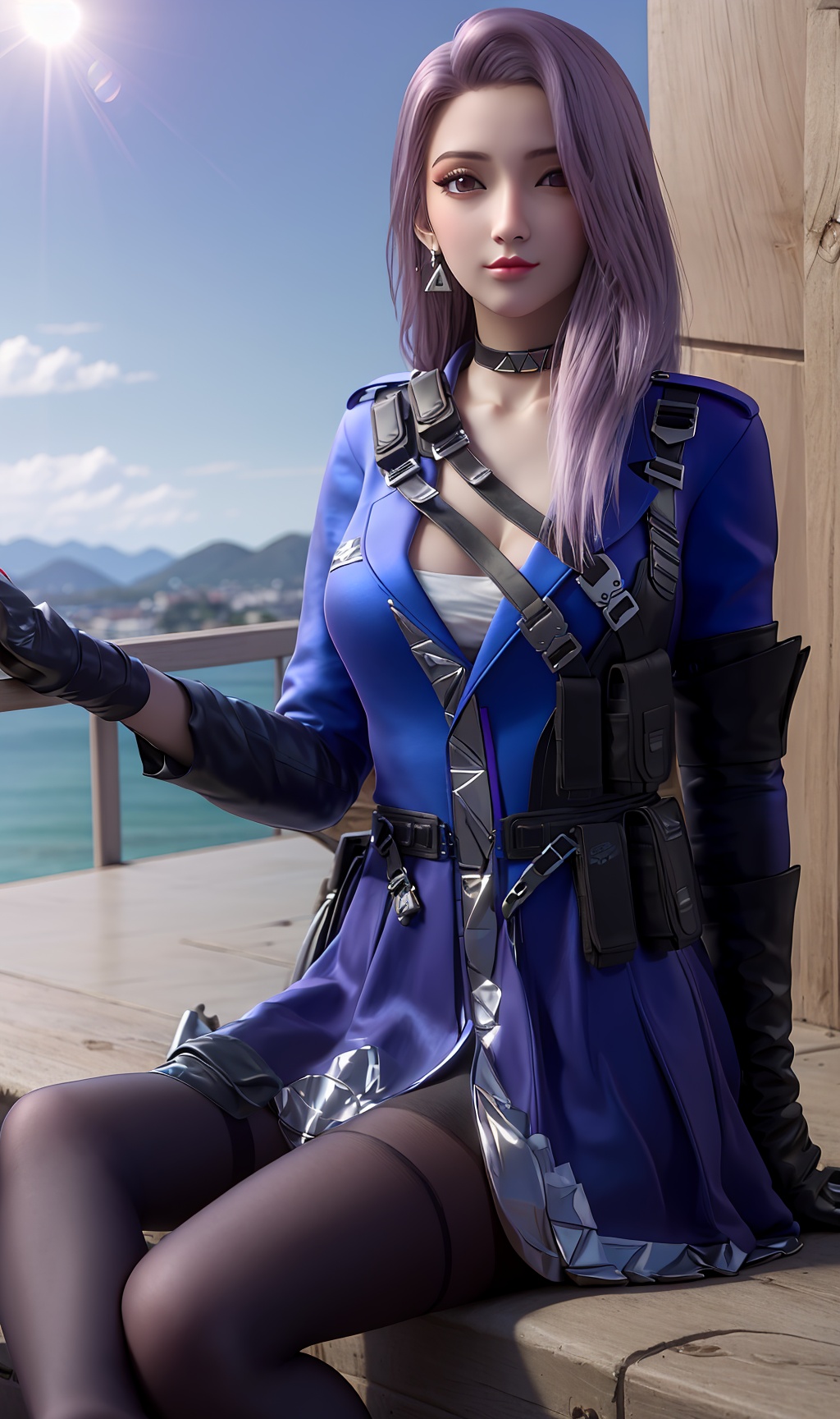 3D,masterpiece,(best quality),(makeup),official art, extremely detailed cg 8k wallpaper,((crystalstexture skin)), (extremely delicate and beautiful),(highly detailed),(1girl), (solo), (jewelry), (earrings),(purple__hair),(long_hair),(hair_ornament),(handwear),(sitting),(breast:1.000),(cleavage:1.000),,,((upper_body)),(collar:1.000),(gloves:1.000),(policewoman:1.000),(skirt:1.000),(chinese_clothes:1.000),(blue_dress:0.999),,(multicolored_clothes:1.000),(multicolored_dress:1.000),(thighhighs:1.000),(black_gloves:1.000),(pantyhose:1.000),(belt:0.999),,(blue_jacket:1.000),(coat:1.000),(sunshine, outdoor),((looking_at_viewer)),((Facing the camera)), ((long_legs)),, <lora:hipoly3DModelLora_v10:0.3>