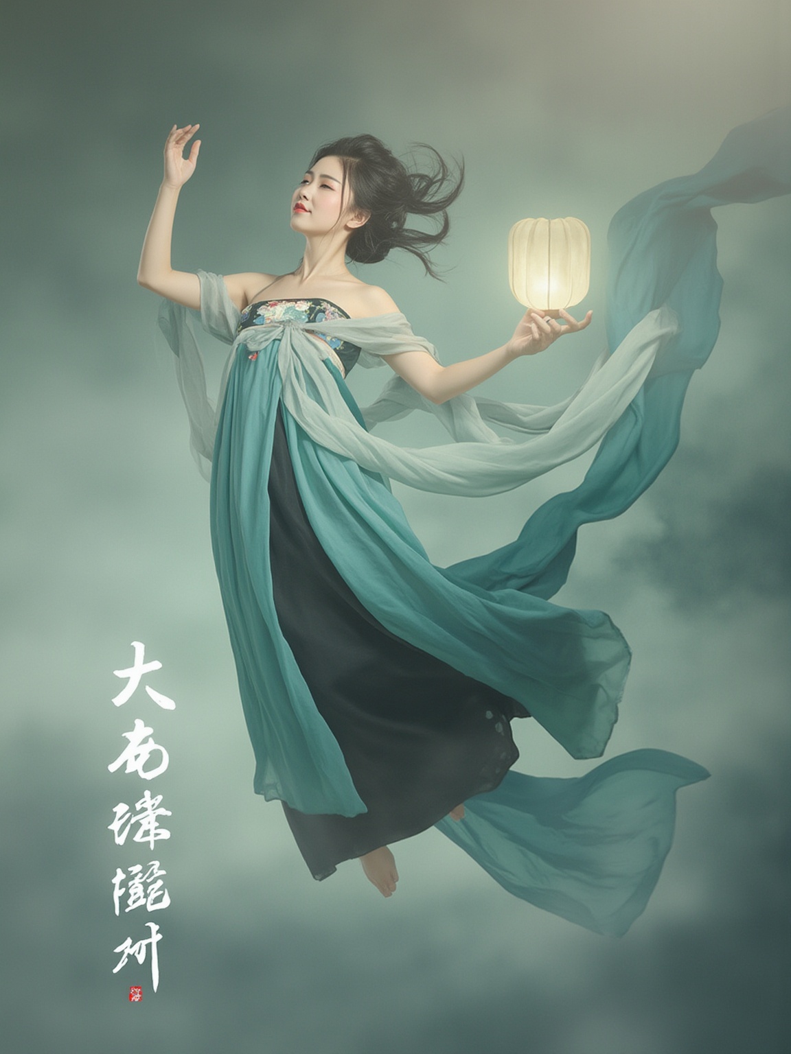 The picture is a highly detailed, digitally rendered illustration of a woman in traditional Chinese attire. She is depicted floating gracefully in mid-air, her body and dress billowing like a gentle breeze. Her long, flowing gown is a mix of light teal and deep teal hues, with a black underlayer that adds depth and contrast. The fabric appears to be made of a delicate, sheer material that billows around her, creating an ethereal, dreamlike effect. She has her hair styled in an elaborate updo, with loose strands framing her face, which exudes serenity and tranquility. Her expression is calm and focused, with her eyes closed and a serene smile on her lips.The background is a blend of muted, misty grays and blues, giving the image a surreal, otherworldly feel. In her right hand, she holds a small, glowing lantern, emitting a soft light that adds to the mystical ambiance. To the left, Chinese characters are inscribed in white, elegant calligraphy, adding a sense of cultural significance to the piece. The overall style is a blend of traditional Chinese art with a modern, digital touch, emphasizing the grace and elegance of the subject.
