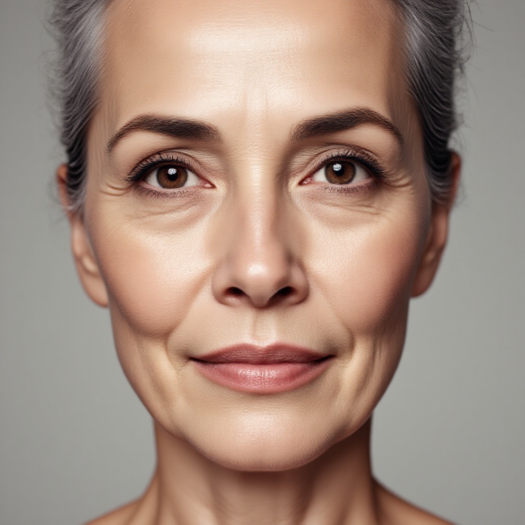 A surreal close-up portrait of a 80-year-old woman looking straight into the camera with a calm and confident expression. Smooth skin,clean skin. The background is neutral and fully focused on her upper body.. ***** in a professional studio using Hasselblad H6D-100c,100mm f/2.2 lens,high-end editing photography,clear details,and soft directional lighting to enhance skin texture.,