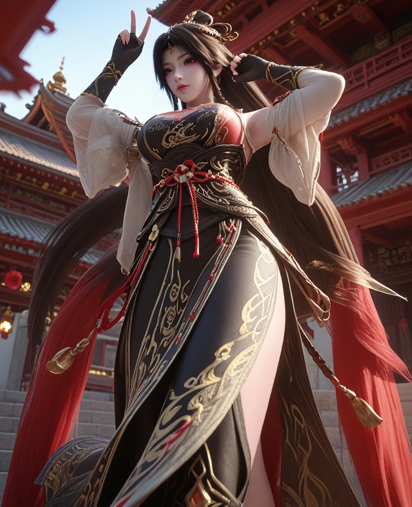 (oriental architecture, elegant decor, sophisticated style:1.1),(victory pose, arms up,:1.1),(low-angle shot:1.1),(large breasts:1.2),<lora:XL16云深不知梦羲和第7集封魔祭典:0.95>,miss xihe,two-tone black and red corset dress,left pauldron,black hair,very long hair,half-up crown ponytail with long cascading hair,hair ornament,jewelry,black fingerless gloves,sash,black boots,, score_9,score_8_up,score_7_up,score_6_up,score_5_up,score_4_up,3d rendering,tag1,tag2, Cinematic Lighting,backlighting,