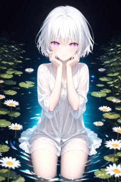 (masterpiece),(best quality),illustration,ultra detailed,hdr,Depth of field,(colorful),(chromatic aberration),(beautiful young female:1.4),(streaming tears),sad,(daisy),(daisy),(daisy),looking at viewer,partially submerged,both hands on own cheek,{see-through long shirt},{no bra},(white hair, short hair, bangs:1.2),(glowing eyes),ripples,dark water,black background,(prismatic),