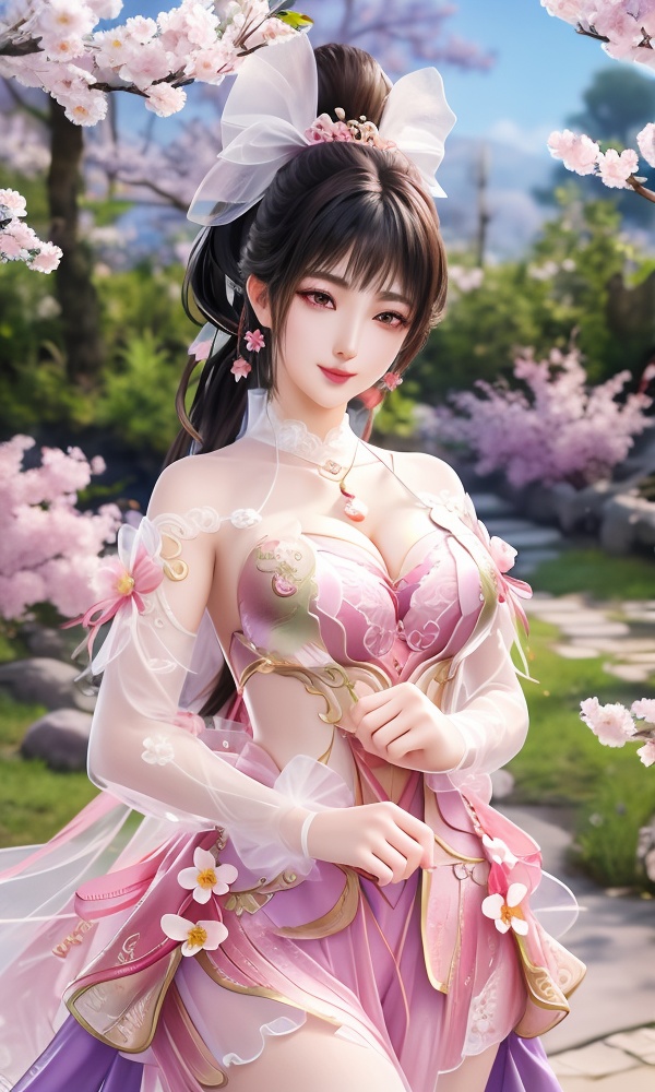 (,1girl, ,best quality, ),looking at viewer, <lora:454-DA-永劫无间-斗罗大陆-小舞:0.8> ,ultra detailed background,ultra detailed background,ultra realistic 8k cg,, ,masterpiece, (( , )),, ,   plum blossoms,    ,,  (cleavage), (), ,,