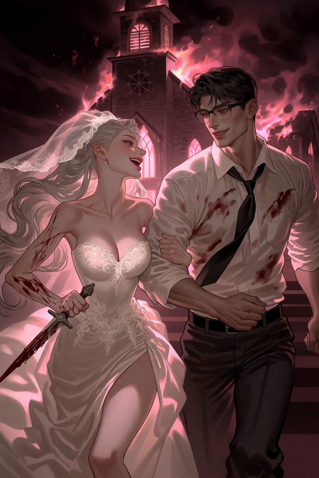 An eye-level medium full shot with a dramatic dark red and pink-lit tone depicting a man and woman running arm-in-arm with...