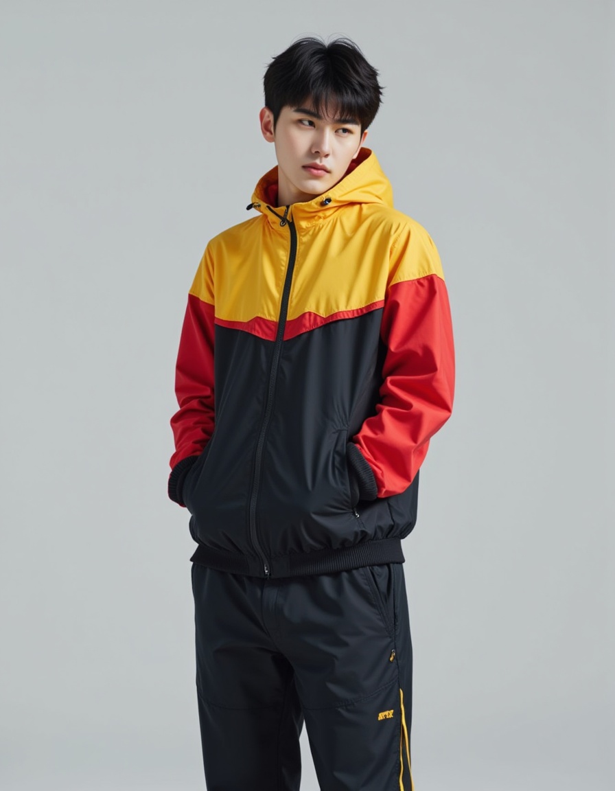 a real picture of a south korea man,In Cropped windbreaker and track pants with side snaps,