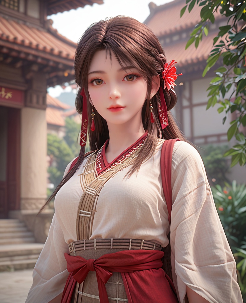 (oriental architecture, elegant decor, sophisticated style:1.1),Posing with arms overhead, palms facing upwards,,(breasts:1.2),<lora:XL完美世界火灵儿火桑女:0.8>,miss huosangnv,solo,cambric dress,brown sash,red fart curtain,red straps,brown eyes,black hair,long hair,hair flower,earrings,earlock,lips,hair ribbon,wide sleeves,, zPDXL2, score_9, score_8_up, score_7_up BREAK realistic, masterpiece,best quality, highly detailed,, zPDXL3, zPDXL2,zPDXL, zPDXLxxx, zPDXLrl,