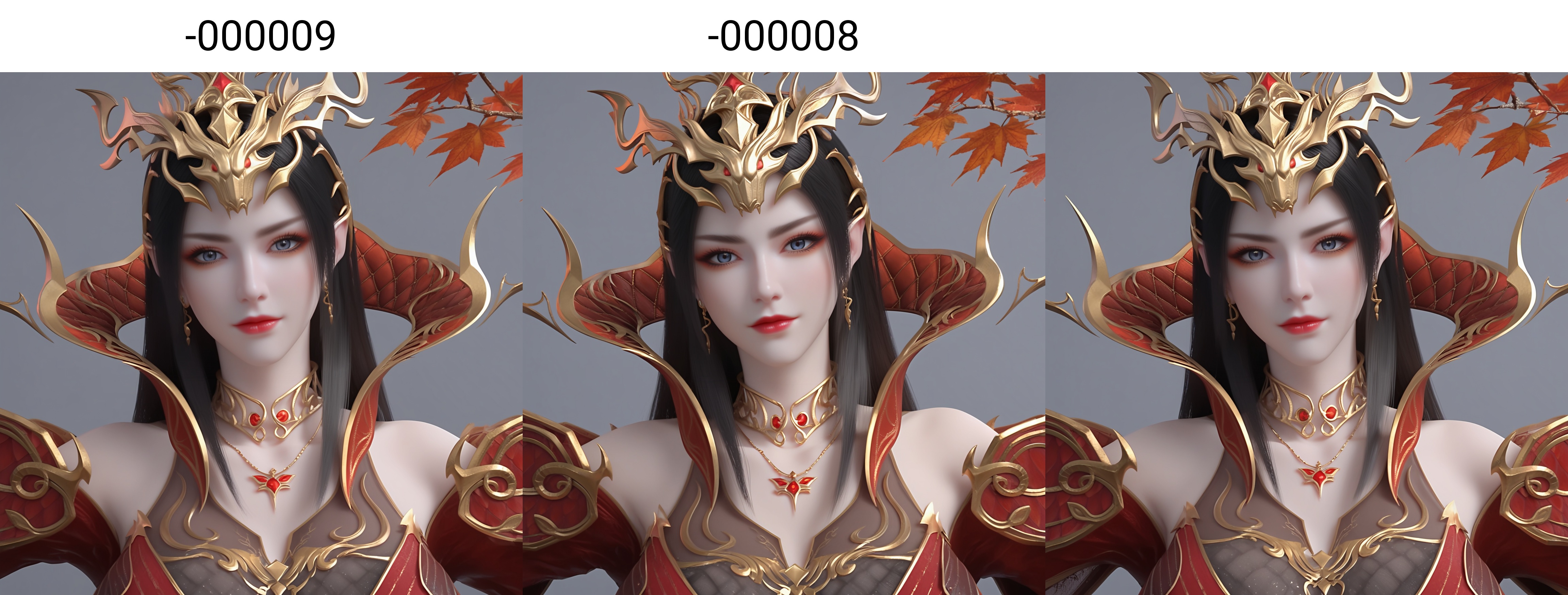 (score_9),upper body,<lora:斗尊美杜莎-apony-000009:0.8>,meidusha,1girl,solo,hair ornament,tiara,long hair,black hair,pointy ears,earrings,(gray-blue eye),cocked eyebrow,collar,popped collar,jewelry,shoulder armor,metal collar,necklace,detached sleeves,long sleeves,see-through sleeves,red dress,(glamor),curvy,mature_female,collarbone,pointy breasts,puffy breasts,(large teardrop breasts),large breasts,(see-through cleavage),BREAKlooking at viewer,selfie,(v sign),closed mouth,BREAK<lora:Expressive_H-000001:0.8>,light blush,Expressiveh,body blush,<lora:e肤色滑块:0.25>,(pale_skin),(light_skin),ultra-detailed skin texture,detailed textures,BREAK<lora:e色温:0.35>,simple background,grey background,twig,autumn leaves,branch,falling leaves,Tyndall effect,available light,depth of field,lens_flare,