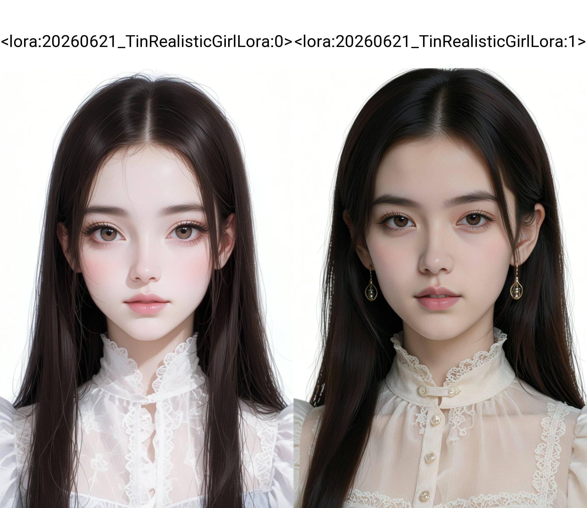 a young woman with long straight dark brown hair and brown eyes. She has fair skin,  delicate facial features,  high-necke...