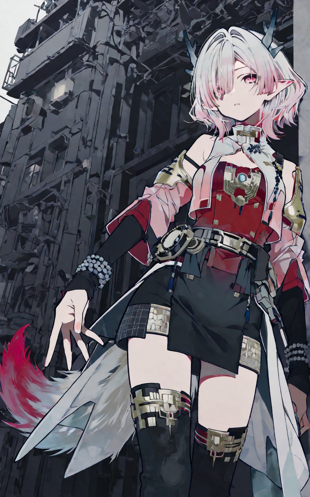 dragon horns + gradient fox tail,  silver-pink short hair,  pink eyes on Tensor.Art