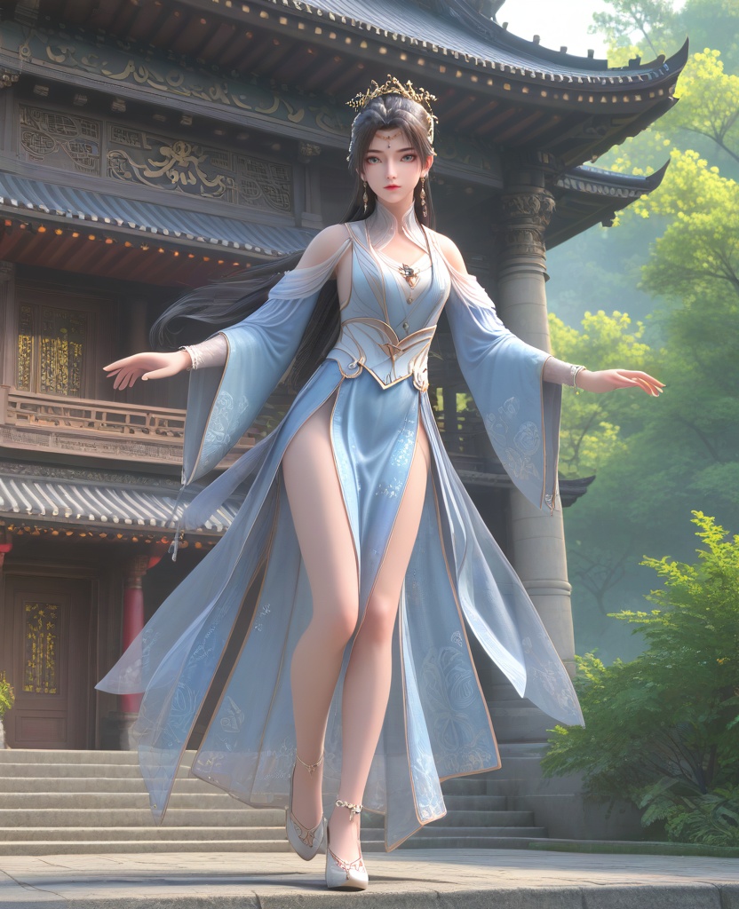 (oriental architecture, elegant decor, sophisticated style:1.1),(knees to chest:1.1),(breasts:1.2),<lora:XL16神墓雨馨:0.95>,miss yuxin,white blue tiered dress,blue eyes,black hair,traditional chinese updo with long cascading hair,hair ornament,jewelry,earrings,sash,shoes,, score_9,score_8_up,score_7_up,score_6_up,score_5_up,score_4_up,3d rendering,tag1,tag2, Cinematic Lighting,backlighting,