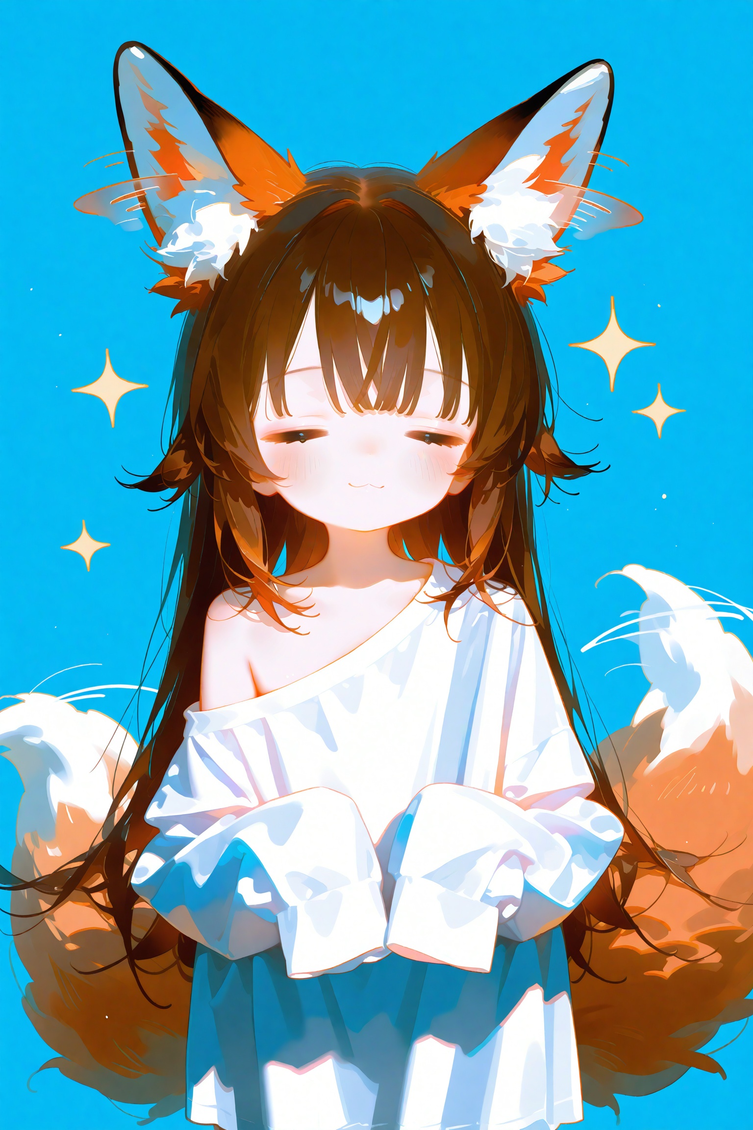 1girl, solo, long hair, blush, bangs, simple background, brown hair, shirt, long sleeves, animal ears, closed mouth, tail, closed eyes, white shirt, off shoulder, animal ear fluff, sleeves past wrists, fox ears, sparkle, :3, fox tail, blue background, fox girl, facing viewer, sleeves past fingers, = =, chopsticks, oversized clothes, afterimage, oversized shirt<lora:A420.1024alens2-000036:0.8>,