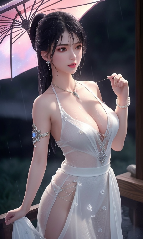 <lora:418-DA-百炼成神-莫雨馨:0.8> ,(,1girl, ,best quality, ),looking at viewer, ,ultra detailed 8k cg, ultra detailed background,  ultra realistic 8k cg,          cinematic lighting, cinematic bloom, (( , )),,  , unreal, science fiction,  luxury, jewelry, diamond, pearl, gem, sapphire, ruby, emerald, intricate detail, delicate pattern, charming, alluring, seductive, erotic, enchanting, hair ornament, necklace, earrings, bracelet, armlet,halo,masterpiece, (( , )),,  ,cherry blossoms,(((, night,night sky,,  ultra high res, (photorealistic:1.4), raw photo, 1girl, , rain, sweat, ,wet, )))(( , ))   (cleavage), (),