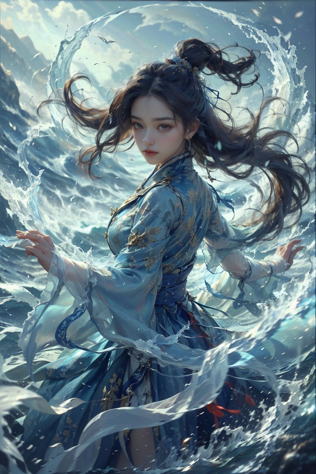 haifeisiv6,  painting of a woman in a flowing dress in the ocean,  cgsociety and fenghua zhong on Tensor.Art