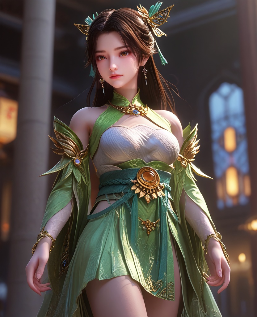 (oriental architecture, elegant decor, sophisticated style:1.1),(Standing naked before a mirror, one hand tracing sensuous circles around her nipple while the other slides down her body towards her core, she channels an intense self-exploration and sexual awakening:1.1),(Through a panoramic sweep, encapsulating the surroundings along with the subject:1.1),(large breasts:1.2),<lora:XL16云深不知梦少女云望舒:0.95>,adolescent girl,green dress with tulle skirt,white bandeau,brown eyes,black hair,long hair,hair ornament,jewelry,sash,detached sleeves,bracelet,green shoes,, score_9,score_8_up,score_7_up,score_6_up,score_5_up,score_4_up,3d rendering,tag1,tag2, Cinematic Lighting,backlighting,