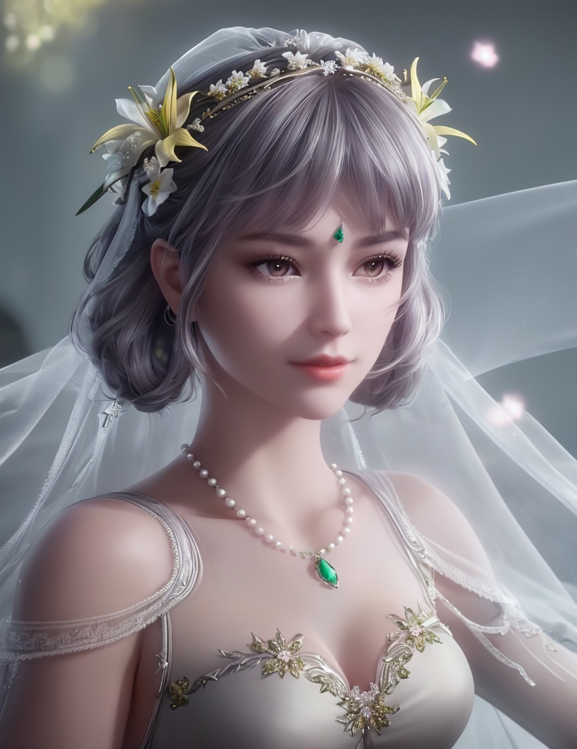ultra realistic 8k cg, picture-perfect face, flawless, clean, masterpiece, professional artwork, famous artwork, cinematic lighting, cinematic bloom, perfect face, beautiful face, fantasy, dreamlike, unreal, science fiction,   lace, lace trim, lace-trimmed legwear,  (rich:1.4), prestige, luxury, jewelry, diamond, gold, pearl, gem, sapphire, ruby, emerald, intricate detail, delicate pattern, charming, alluring, seductive, erotic, enchanting, hair ornament, necklace, earrings, bracelet, armlet,halo((,1girl, pov,))  ((, 1girl, solo, star_\(symbol\),lily \(flower\),hair flower, wedding dress, jewelry))<lora:DA_BaiChenXiang:0.6>