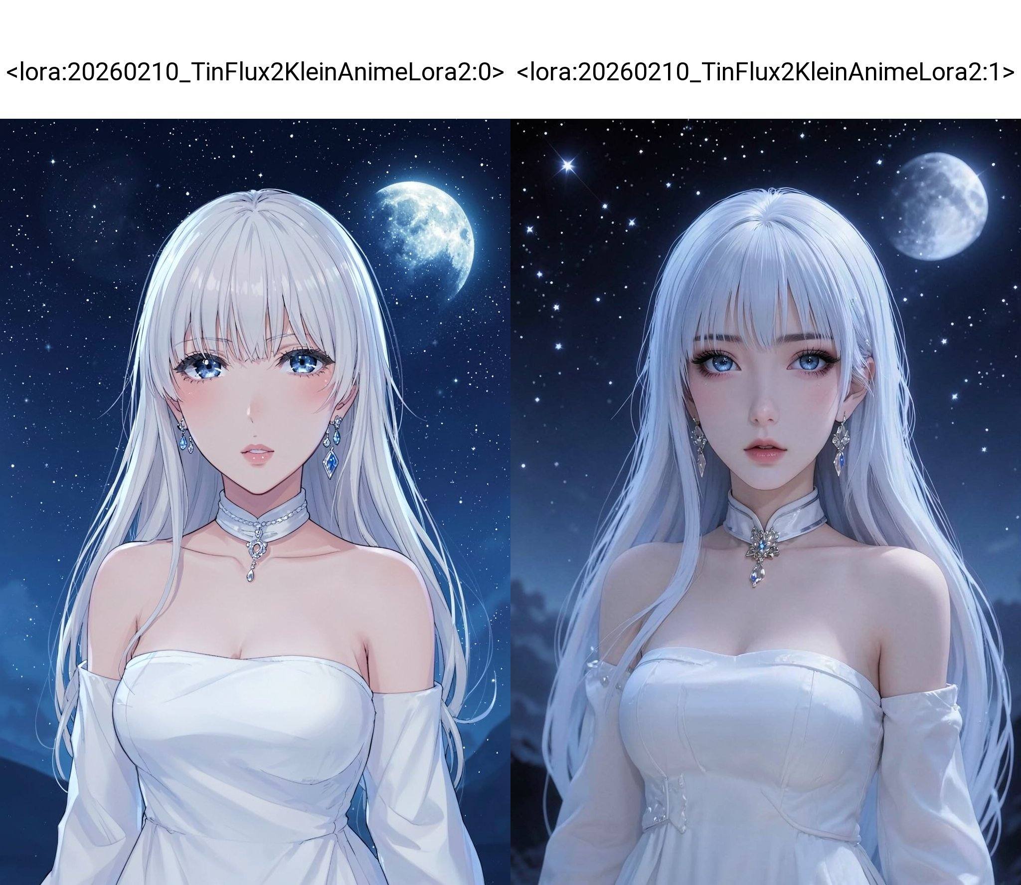 <lora:20260210_TinFlux2KleinAnimeLora2:0>, long hair, starry sky, earrings, dress, moon, star (sky), bangs, sky, white dress, bare shoulders, night, jewelry, starry night, 1girl, original character, starry eyes, white hair, full moon, parted bangs, sfw, solo, lips, bare arms, blue eyes, looking at viewer, white choker, night sky, choker, breasts, long sleeves, parted lips, upper body, star, moonlight, small breasts, night sky, night sky background, strapless, strapless dress
