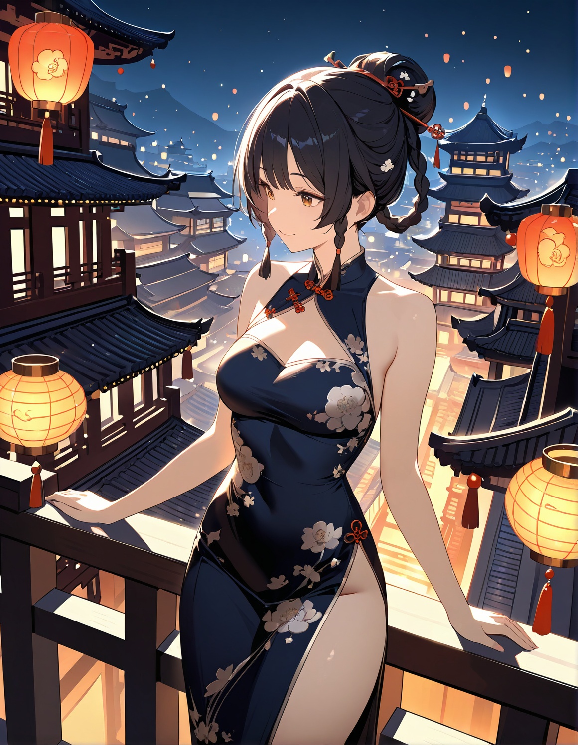 masterpiece,high score,great score,absurdres,1girl,smile,Photograph of an Asian woman with fair skin and long black hair styled in braids,wearing a traditional Chinese cheongsam dress with floral patterns,standing on a balcony at night. The background features a brightly lit,historic Chinese cityscape with ornate buildings and illuminated rooftops. The woman gazes thoughtfully into the distance,