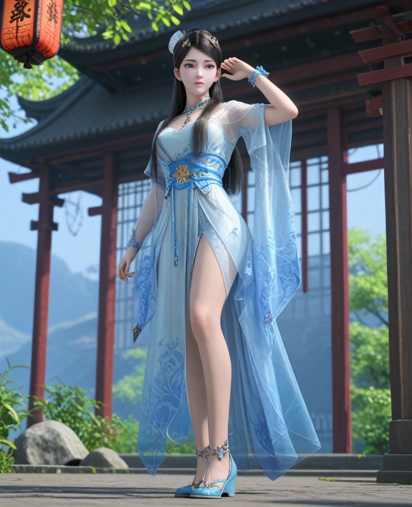 (oriental architecture, elegant decor, sophisticated style:1.1),(Standing on tiptoes with arms raised,:1.1),(breasts:1.2),<lora:XL16墓王之王寒千落:0.95>,miss hanqianluo,solo,pale blue dress,see-through,blue eyes,black hair,long hair,hair ornament,hanging hair,sash,wrist cuffs,pelvic curtain,blue heels,, score_9,score_8_up,score_7_up,score_6_up,score_5_up,score_4_up,3d rendering,tag1,tag2, Cinematic Lighting,backlighting,