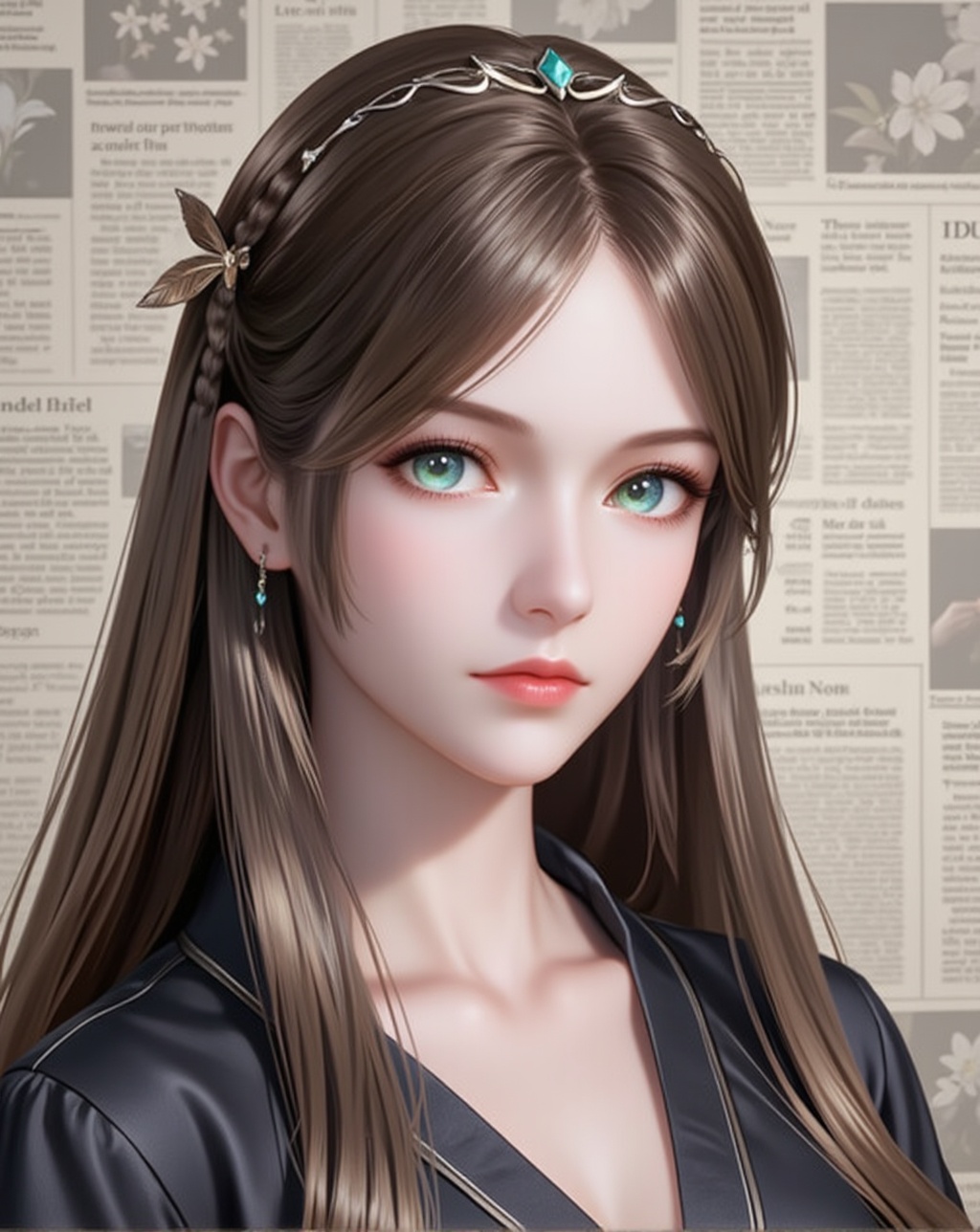 <lora:宁荣荣·百搭版5:1>,ningrongrong,1girl,solo,long hair,hair ornament,lips,closed mouth,brown hair,braid,blue eyes,green eyes,looking at viewer,cover,gradient background,close-up details,outstanding style,adding a touch of dimension to your images without compromising details,close-up,<lora:DJ滤镜_2.5D版:0.4>,lvjing,<lora:油画唯美滤镜15:0.2>,baoshi,<lora:报纸背景·5:0.4>,baozhi,paper,newspaper,the newspaper wall,newspaper background,