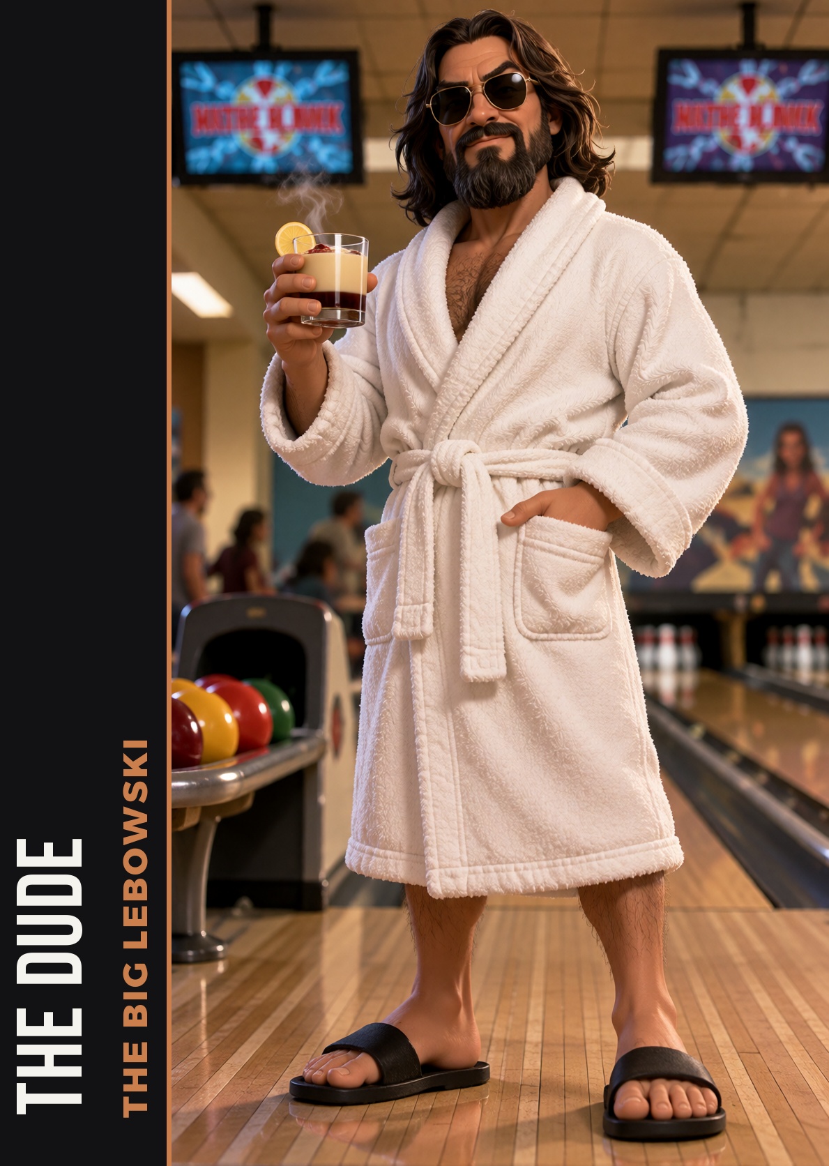 realfig,  The Dude from The Big Lebowski in a bathrobe and sunglasses,  holding a White Russian on Tensor.Art