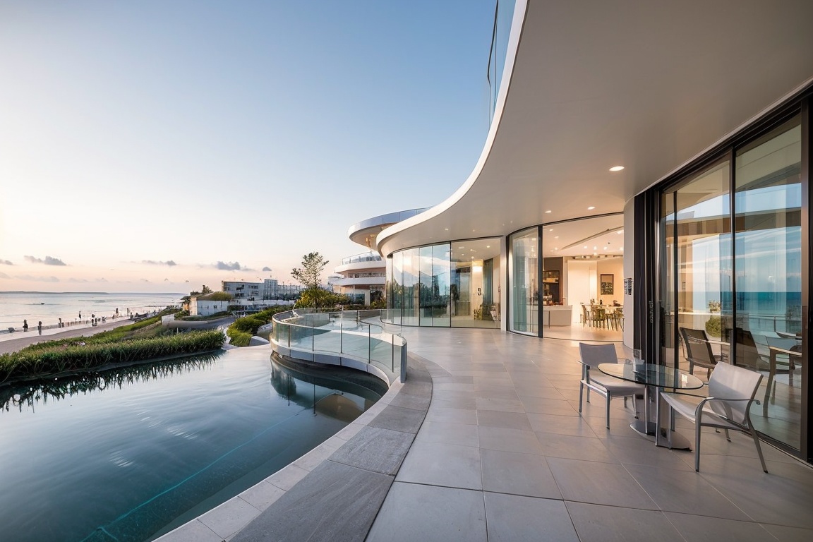 this is an offshore building,(curved architecture:1.2),(gradient texture:1.1),white concrete,ocean,(the shimmering sea surface:1.2),(sea_spray:1.2),dusk,Transparent glass,water,reflection,tree,