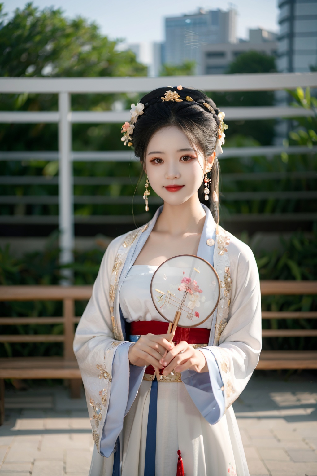 1girl,tuanshan,traditional attire,holds a fan,upper body,outdoors,, masterpiece,best quality,very aesthetic,absurdres,