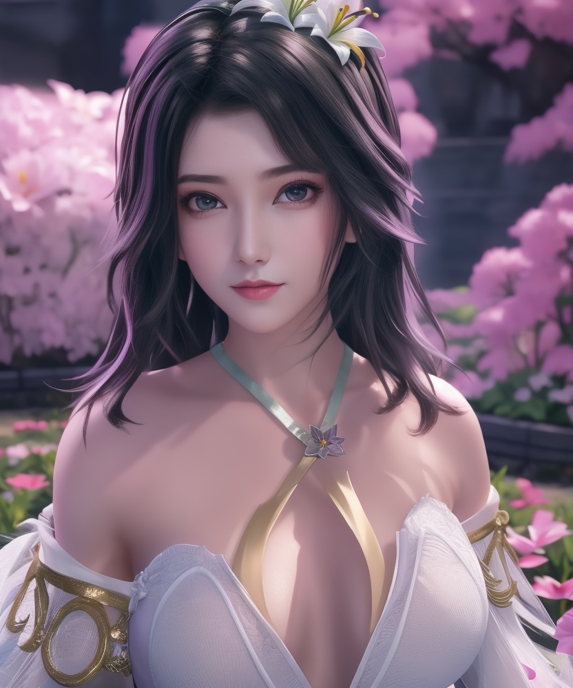 <lora:542-DA-万界至尊-青雉:0.8>(,1girl, ,best quality, ),looking at viewer,  ,ultra detailed 8k cg,ultra detailed background,ultra realistic 8k cg,1girl, solo,(bare shoulders:0.85),(masterpiece, best quality),((oil painting style)),sexy young lady,(beautiful face and eyes),(upper body:1.5),(whole body:1.05),(single person:1.2),surrounded by flowers, (lily), roses, floret, vegetation, white, purple, purplish pink,Impressionism,colorful,(Breast size:1.3),(cleavage),
