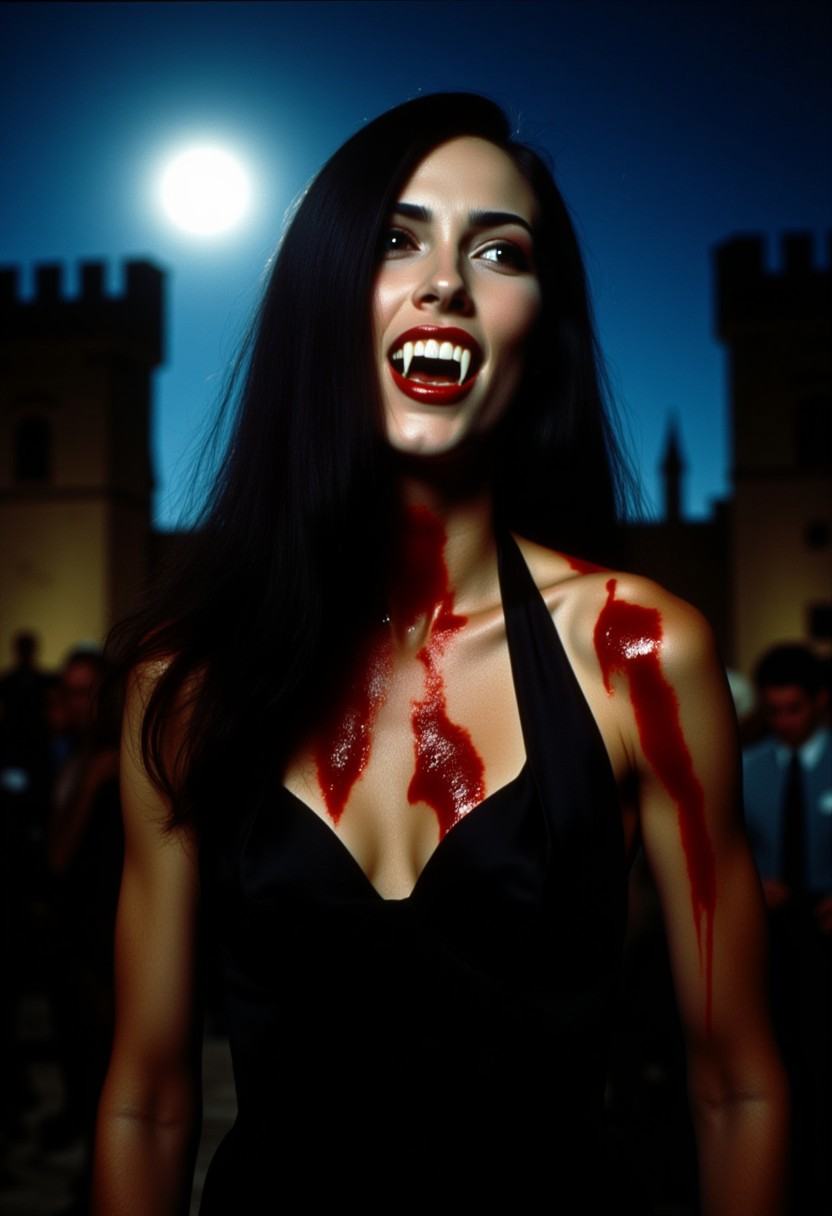 Vampyfangs1. a film still photo. 35mm. 4k. From a 1980s movie. a long black haired vampire woman is showing off her fangs,...