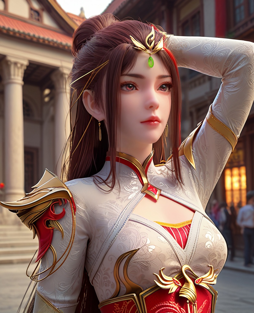 (oriental architecture, elegant decor, sophisticated style:1.1),arms up,(breasts:1.2),<lora:XL完美世界红凰:0.95>,miss honghuang,solo,white corset with red bra underneath,white bolero,red overskirt,red eyes,brown hair,long hair,hair bun,left earcap,streaked hair,forehead pendan,long sleeves,lips,shoulder armor,, zPDXL2, score_9, score_8_up, score_7_up BREAK realistic, masterpiece,best quality, highly detailed,, zPDXL3, zPDXL2,zPDXL, zPDXLxxx, zPDXLrl,