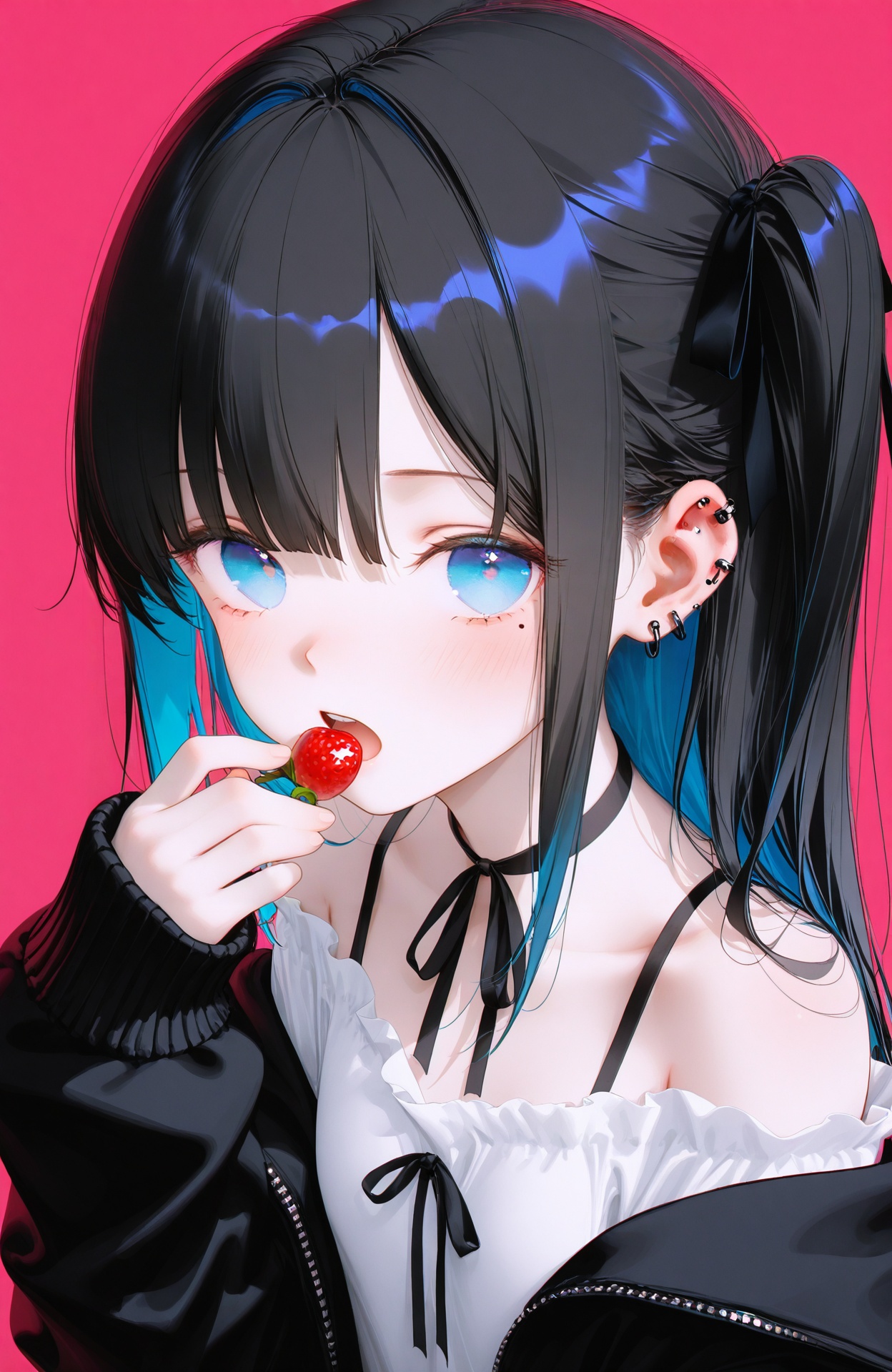 masterpiece,highres,absurdres,newest,best quality,high quality,loli,petite,chromatic_aberration,//,1girl, black_jacket, black_ribbon, blue_eyes, choker, ear_piercing, earrings, food, jacket, jewelry, looking_at_viewer, mole, mole_under_eye, neck_ribbon, off_shoulder, open_mouth, piercing, pink_background, red_background, ribbon, solo//,Aesthetics,(wlop:0.6),wanke,rella,wanke,
