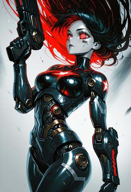 (masterpiece), (best quality), (ultra-detailed), amazing quality, very aesthetic, perfect composition, intricate details, absurdres, incredibly absurdres, clear skin, ultra-detailed-eyes, greatscore, pretty, dynamic angle, dynamic pose, mechabare, mechanical parts, solo, science fiction,sf, 1girl, cyborg, fighting stance, holding weapon, holding pistol cyborg,mechanical arms, mechanical eyes, long hair, black hair with red highlights, face focus western comics \(style\), , multiple-tonbackground , ,dynamic visul, limited palette theme,matel color trim, ,two-tone colored , Mid shot, barcode tattoo,