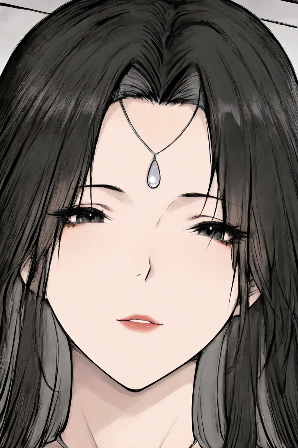 1girl,solo,black hair,long hair,bangs,parted bangs,forehead necklace,black eyes,milf,<lora:裴语涵2>,Jun,<lora:Jin-Chinese_style:0.6>,