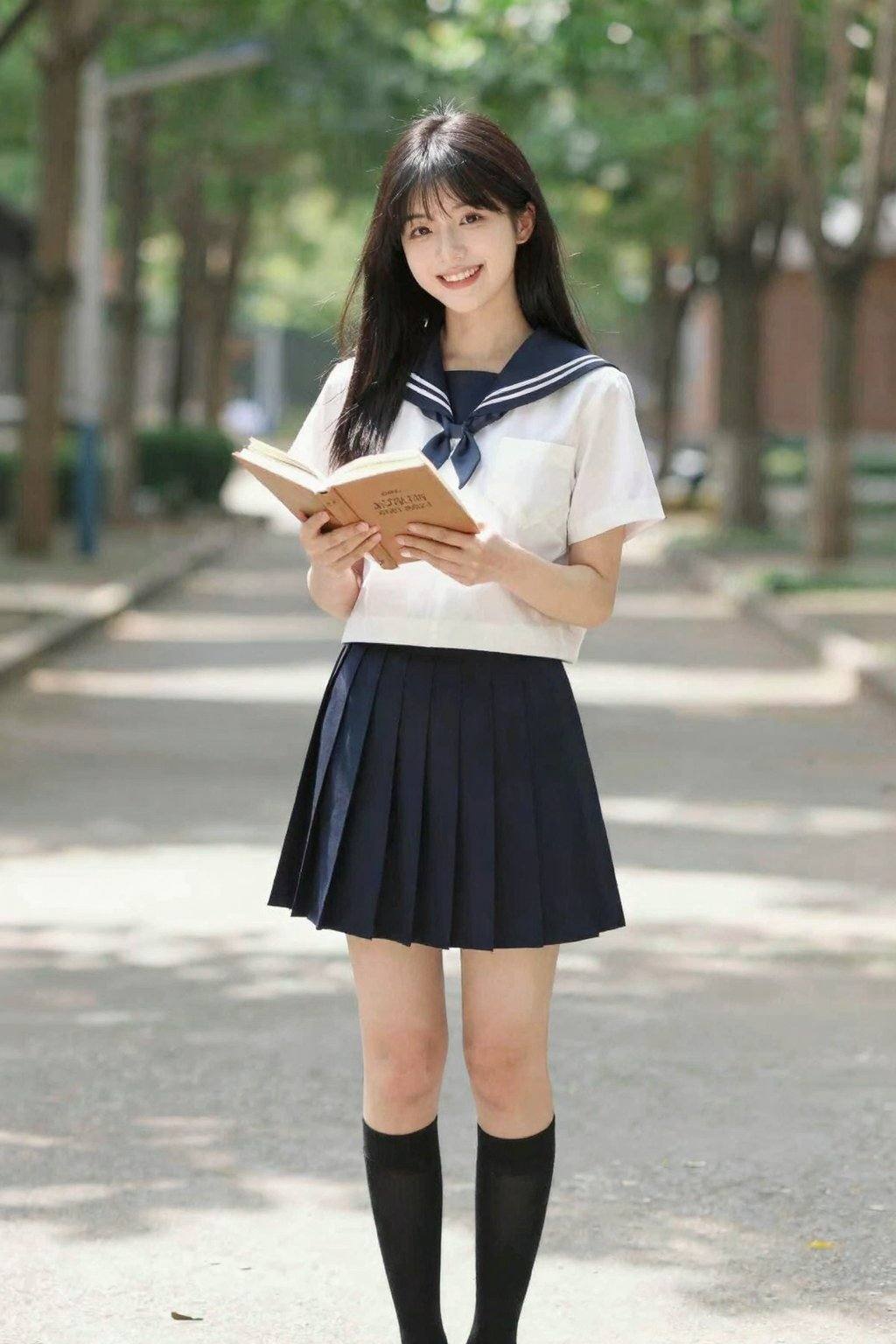 <lora:20260207_TinZITGirlLoraB:0>, A young Asian woman, estimated age range 18-22, stands gracefully on a paved pathway, smiling warmly. She wears a classic school uniform comprising a white short-sleeved blouse with a navy blue sailor collar and tie. Her skirt is a pleated navy mini-skirt, contrasting with the white blouse. She has long, straight black hair with a fringe, slightly covering her eyebrows. Her skin is fair, smooth and her eyes are dark. She holds an open book with a brown cover, her expression radiating joy. Her legs are slender, and she is wearing knee-high black socks. The path is lined with tall trees, casting soft shadows across the scene, indicating bright daylight. The background reveals a building in the distance, partially blurred. The overall lighting is natural and even, enhancing the colors and details. The composition is a medium shot, slightly from a low angle, enhancing her presence. The image conveys a cheerful, youthful, and vibrant mood, possibly a school setting, with an air of pleasantness. Art style can be described as detailed realism with soft, warm tones. long legs,