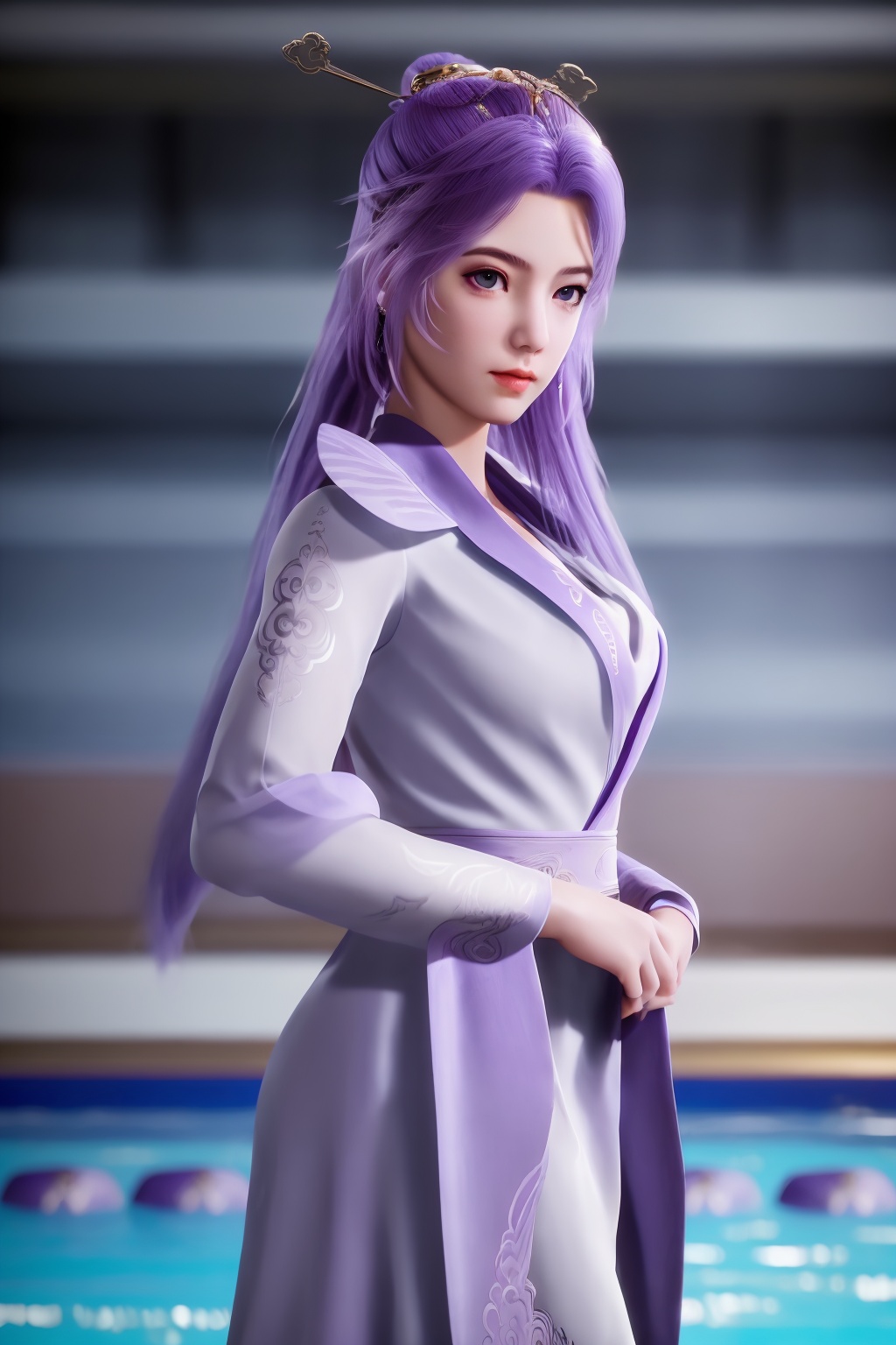 reality,highres,available light,1girl,purple hair,purple eyes,long hair,china_dress,standing,cowboy_shot,swimming pool,facial_mark,