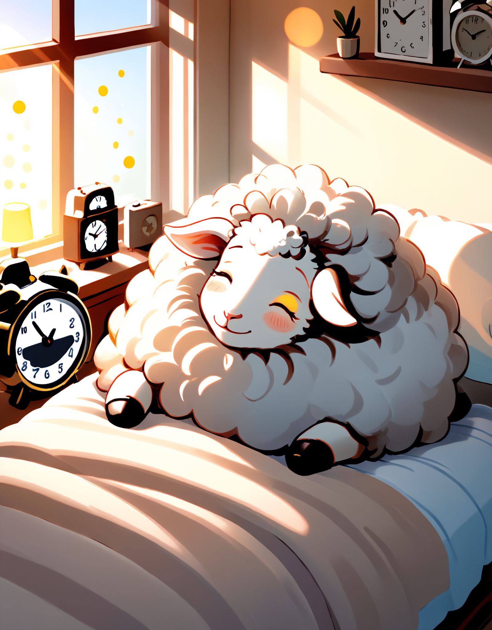 Illustration of a fluffy white sheep sleeping soundly in a cozy bed with a gentle smile on its face,  surrounded by scatte...
