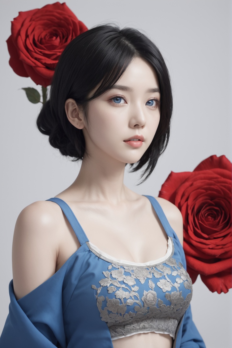 1 girl,solo,korean_text,clear skin texture,colorful,masterpiece,best quality,absurdres,medium breasts,full_shot,ink,(((bone))), (((ribs))), rose, black hair, blue eyes, greyscale, no shadow, simple background, bright skin,